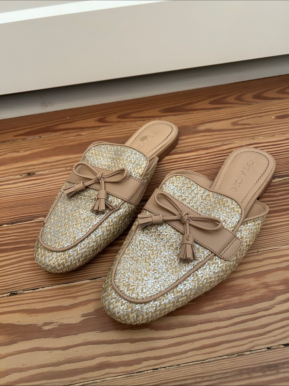 Coach Tan Metallic Raffia Slip-On Mules
